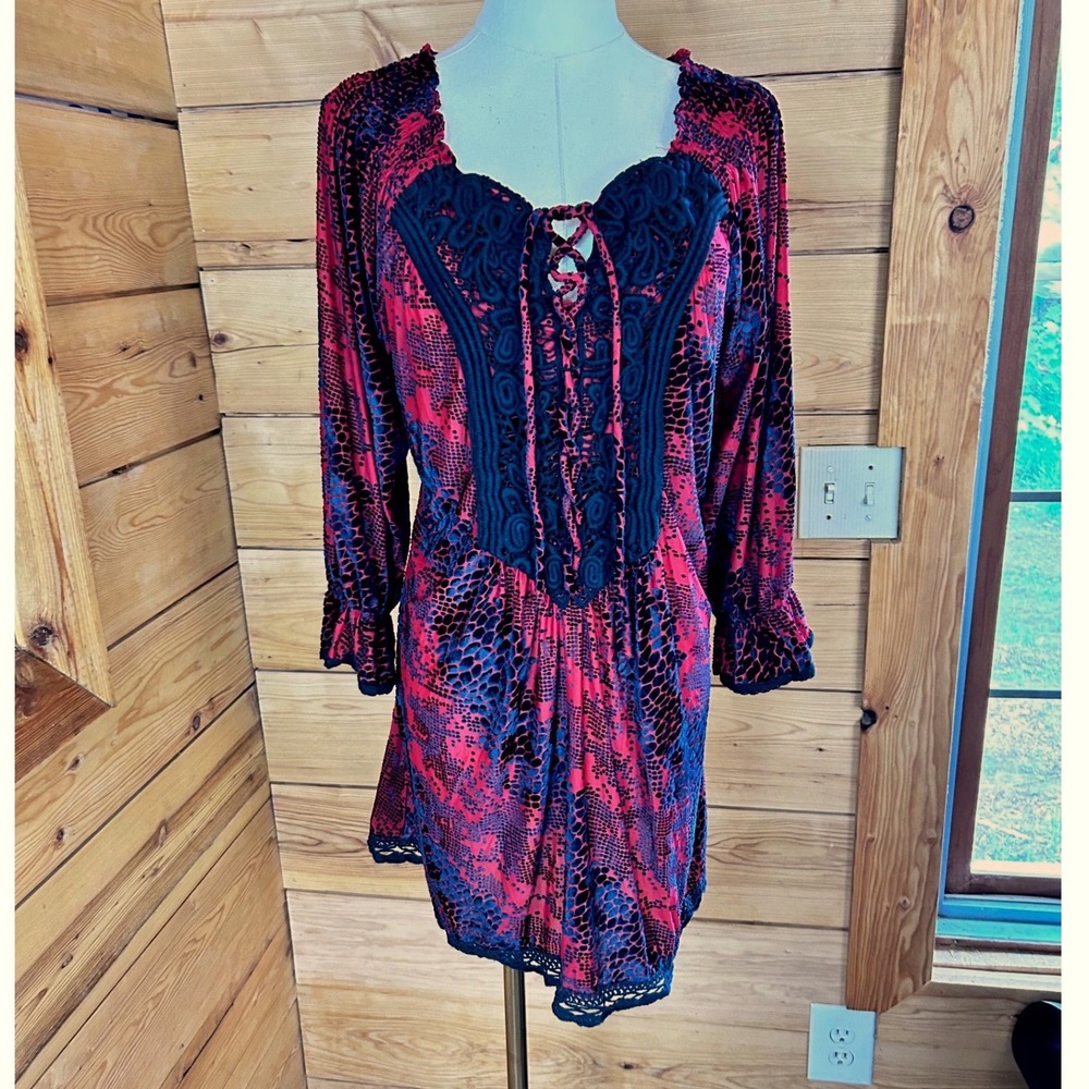 Vintage Velvet Burnout Tunic Dress XL Pink Animal Print Vampire Victorian Pirate